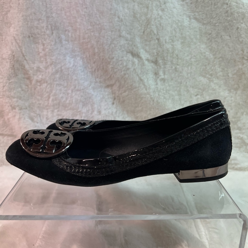 Tory Burch Black Suede Flats with Silver Logo